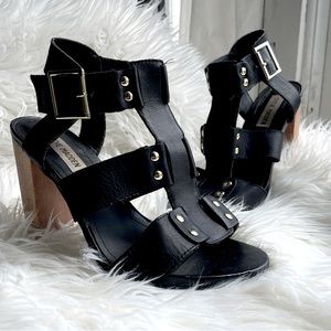 Steve Madden wooden heels w/ black faux leather straps and silver studs + detail